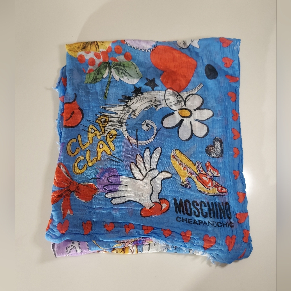 MOSCHINO Cheap And Chic Multi Peace Dream Heart Print Cotton Linen Blend Scarf